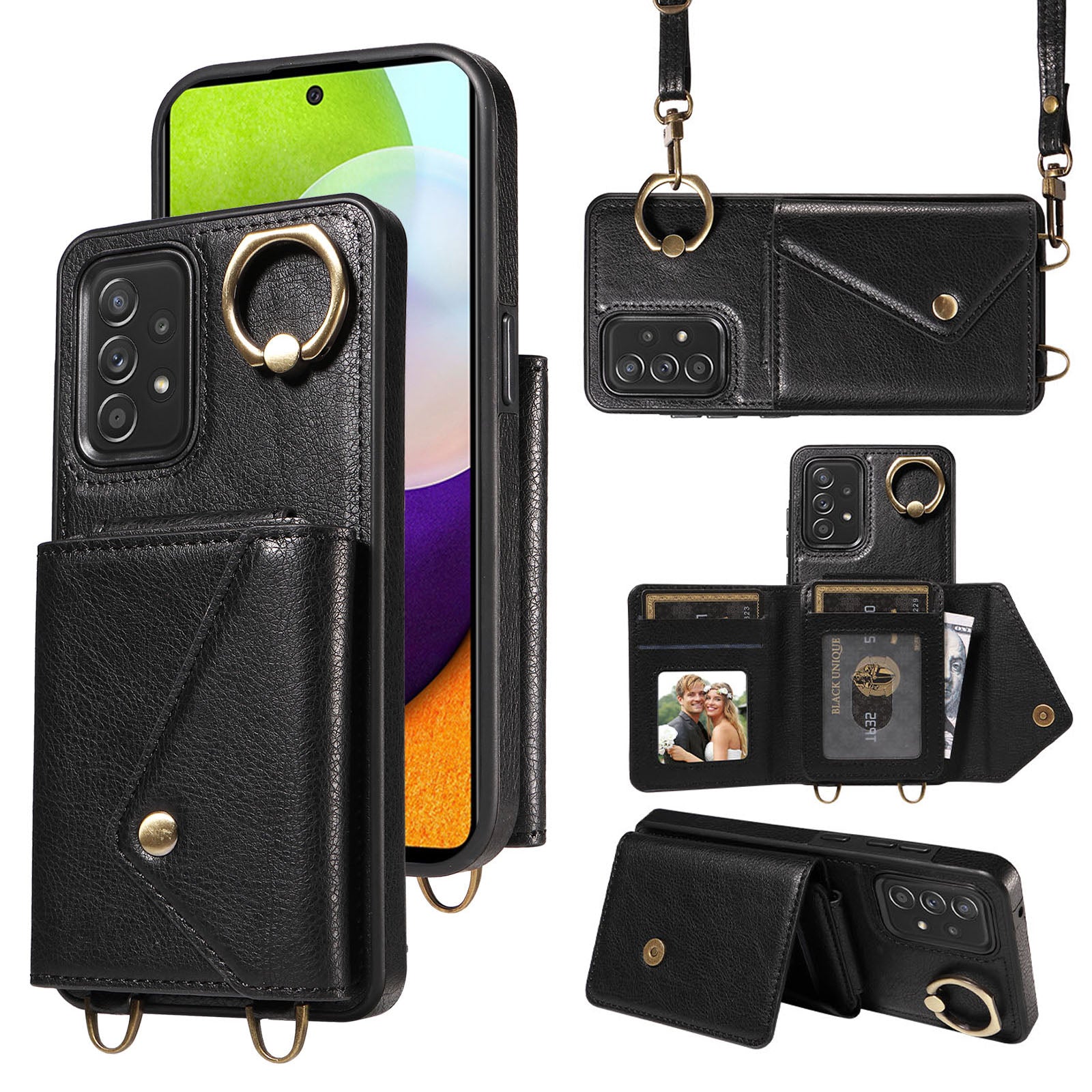 002 For Samsung Galaxy A52 4G A52 5G A52s 5G Card Bag Ring Kickstand Anti-drop Cover Litchi Texture Leather Coated TPU Phone Case with Shoulder Strap 002 For Samsung Galaxy A52 4G A52 5G A52s 5G Card Bag Ring Kickstand Anti-drop Cover Litchi Texture Leather Coated TPU Phone Case with Shoulder Strap